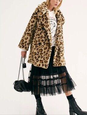 Free People Leopard Print Faux Fur Coat - Beige/Black